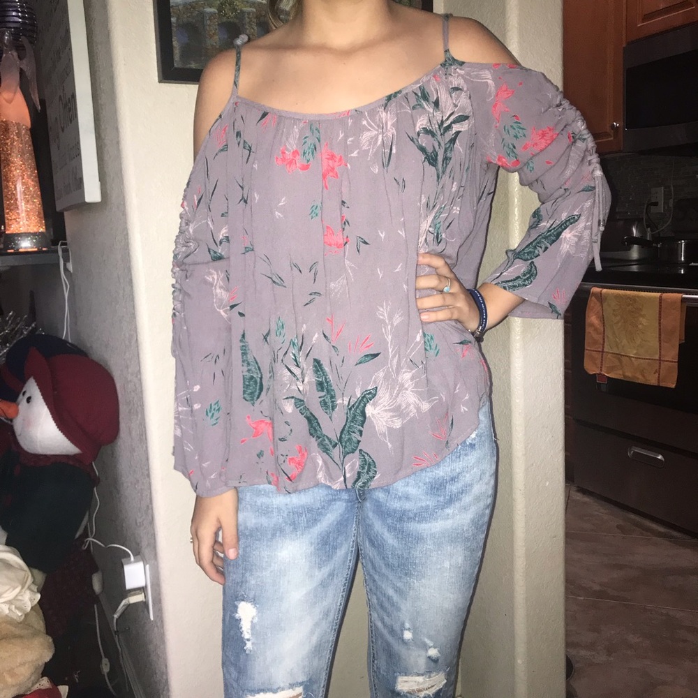 Floral long sleeve off the shoulder shirt
